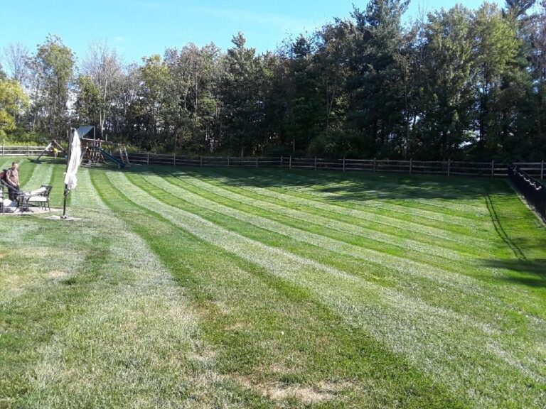 Expansive backyard lawn with fresh mowing stripes along a split-rail fence