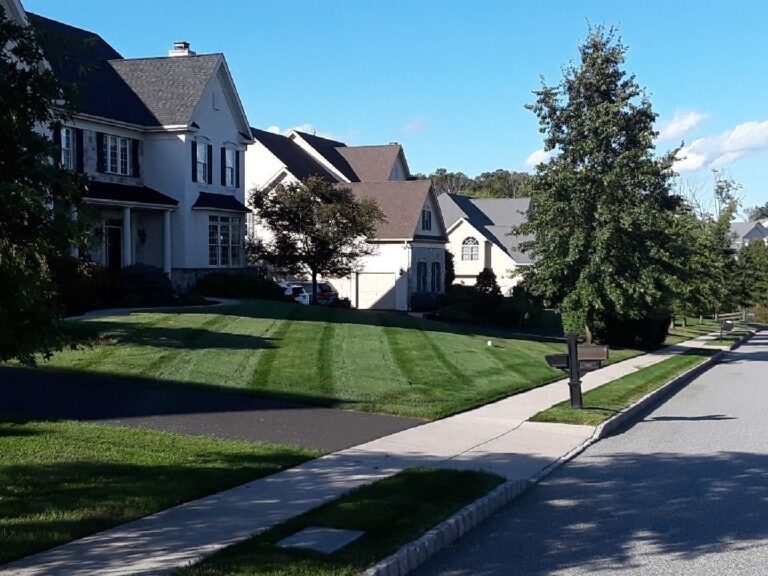 Striped front lawns and edged sidewalks along a suburban street